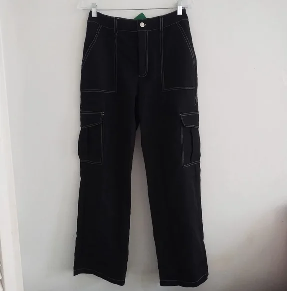 NWT Shein Ez Wear White Stitching Lightweight Wide Leg Cargo Y2K Pants - Picture 2 of 10